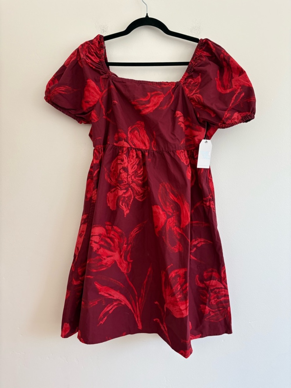 Time & Tru Red Floral Mini Dress Puff Sleeve Wedding Guest Spring Cutout Small